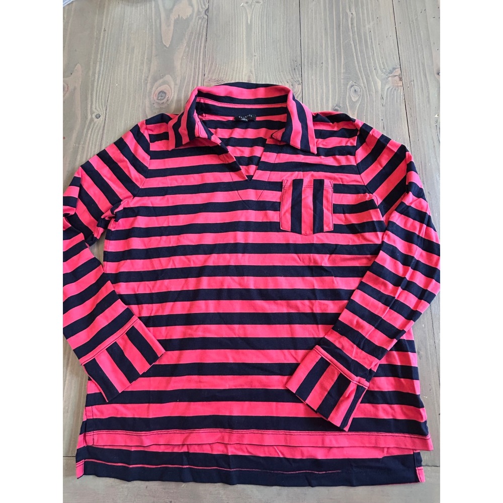 E22 Talbots Petite Pink Navy Blue‎ Striped Long Sleeve Polo V-Neck Top Size SP